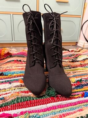 Women's Black Lace-Up Sock Ankle Booties
